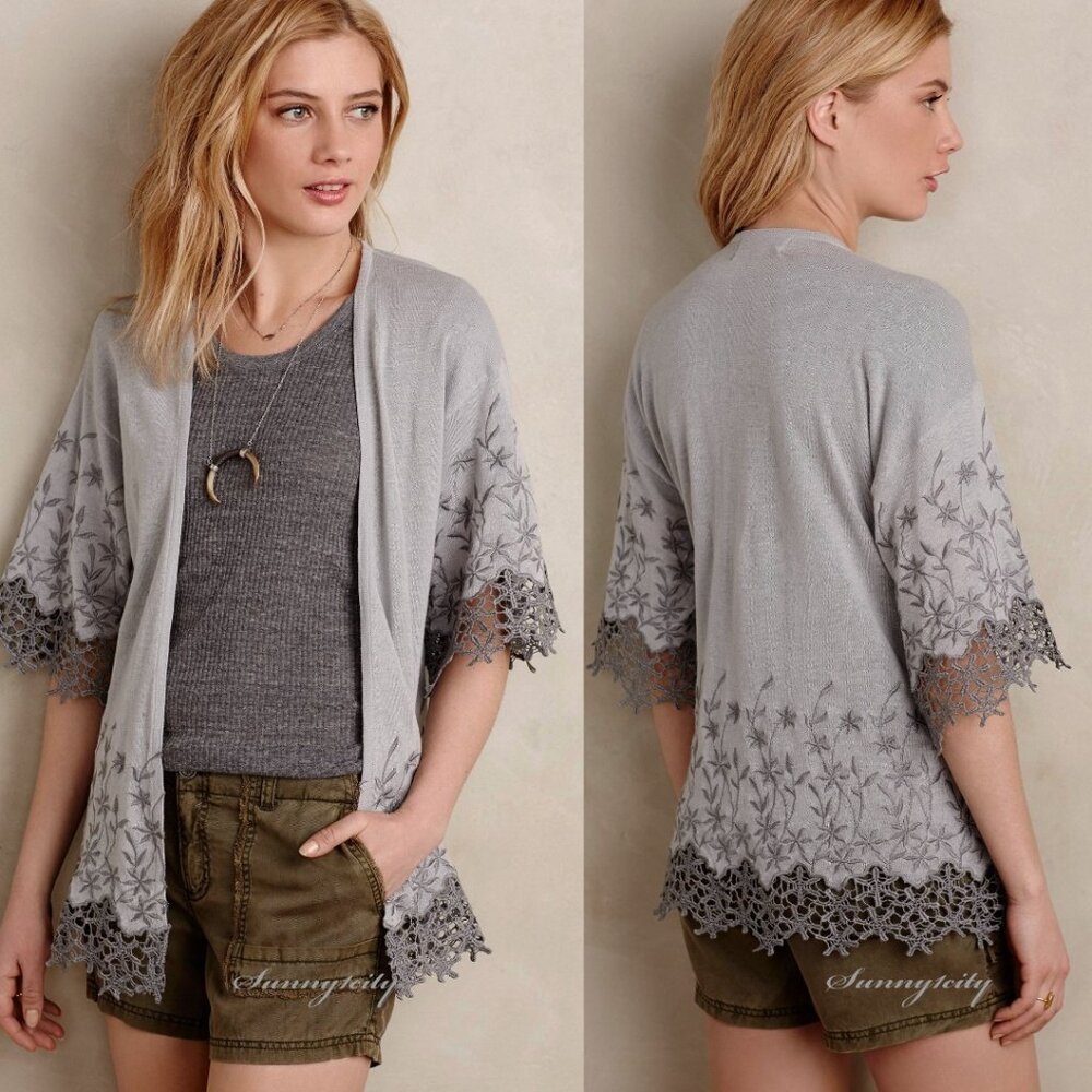 SUNDAY IN BROOKLYN M Gray Lace Kimono Cardigan Layer Linen Brielle Embroidered